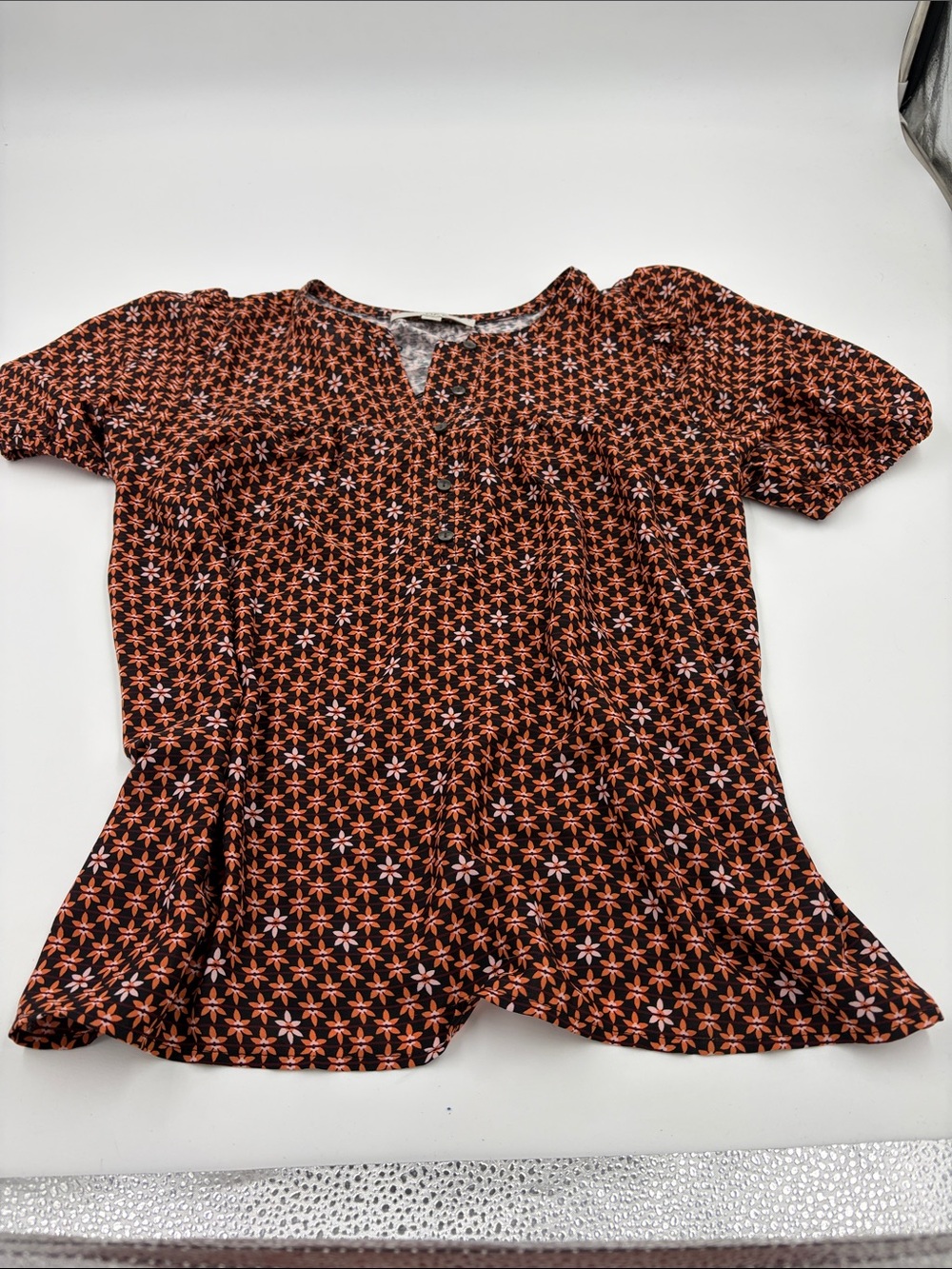 LOFT Black Short Sleeve Blouse with Orange Floral Pattern